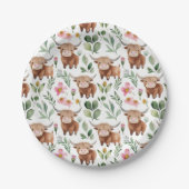 かわいいハイランド牛とピンクの花パターンフローラ ペーパープレート (正面)