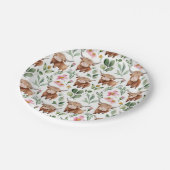 かわいいハイランド牛とピンクの花パターンフローラ ペーパープレート (アングル)