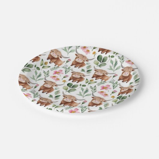 かわいいハイランド牛とピンクの花パターンフローラ ペーパープレート (アングル)