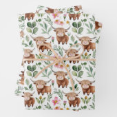 かわいいハイランド牛とピンクの花パターンフローラ ラッピングペーパーシート (インサイチュ)