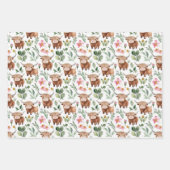 かわいいハイランド牛とピンクの花パターンフローラ ラッピングペーパーシート (正面)