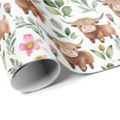 かわいいハイランド牛とピンクの花パターンフローラ ラッピングペーパー (ロールコーナー)