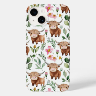 かわいいハイランド牛とピンクの花パターンフローラ Case-Mate iPhone 14ケース