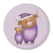 かわいいハイランド牛と子牛のクリスマスマグネット