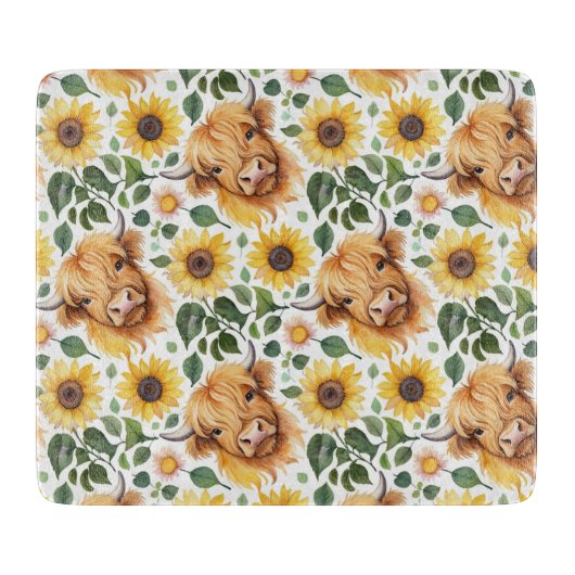 かわいいハイランド牛と黄色のひまわり花 カッティングボード (正面)