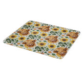 かわいいハイランド牛と黄色のひまわり花 カッティングボード (角)