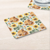 かわいいハイランド牛と黄色のひまわり花 スクエアペーパーコースター (アングル)