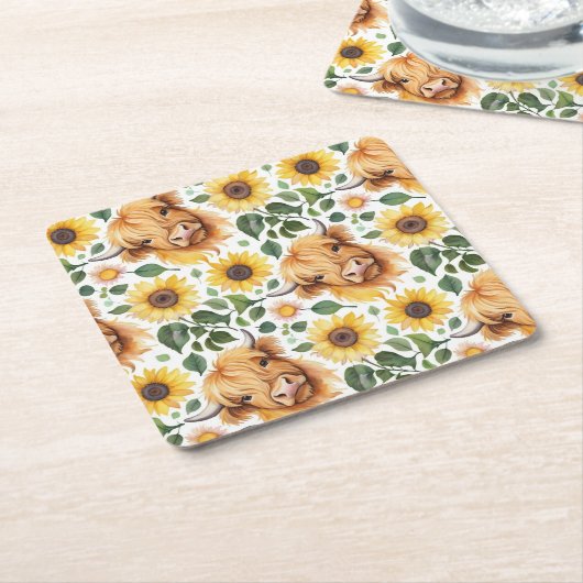 かわいいハイランド牛と黄色のひまわり花 スクエアペーパーコースター (アングル)
