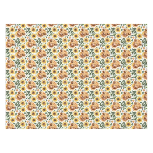 かわいいハイランド牛と黄色のひまわり花 テーブルクロス (正面(横))