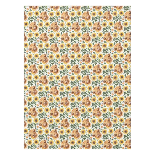 かわいいハイランド牛と黄色のひまわり花 テーブルクロス (正面)