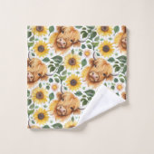 かわいいハイランド牛と黄色のひまわり花 バスタオルセット (ウォッシュタオル)