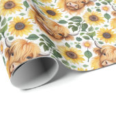 かわいいハイランド牛と黄色のひまわり花 ラッピングペーパー (ロールコーナー)