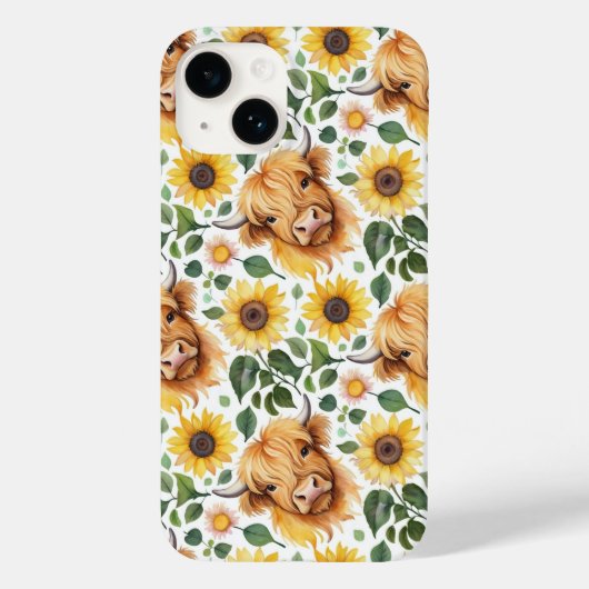 かわいいハイランド牛と黄色のひまわり花 Case-Mate iPhoneケース (裏面)