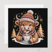 かわいいハイランド牛のクリスマスツリー ホットココア コジー シーズンカード (正面/裏面)