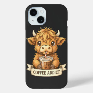 かわいいハイランド牛のコーヒー中毒おもしろい飲みコーヒー iPhone 15ケース