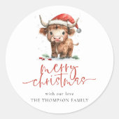 かわいいハイランド牛のスクリプト名メリークリスマス ラウンドシール (正面)