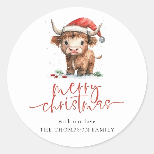 かわいいハイランド牛のスクリプト名メリークリスマス ラウンドシール (正面)