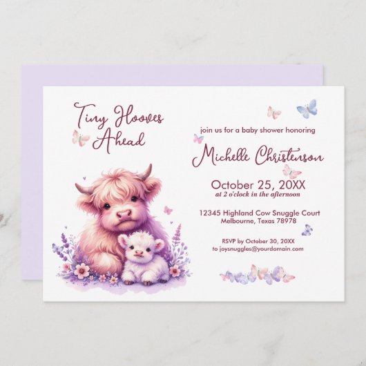 かわいいハイランド牛のフローラ赤ちゃんシャワー 招待状 (正面/裏面)