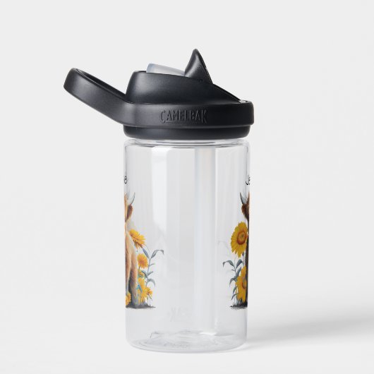 かわいいハイランド牛のフローラ黄色ひまわり名 ウォーターボトル (右面)