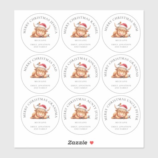 かわいいハイランド牛の個人名メリークリスマス シール (シート)