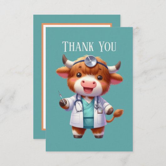 かわいいハイランド牛の医師のメッセージを追加 サンキューカード (正面/裏面)