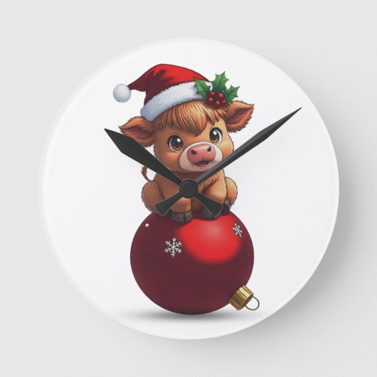 かわいいハイランド牛の赤ちゃんが座っている ラウンド壁時計 (正面)