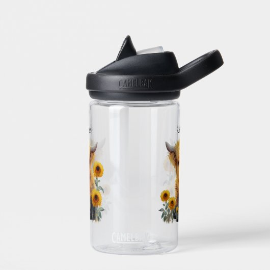 かわいいハイランド牛の黄色いフローラひまわり名 ウォーターボトル (左面)