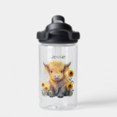 かわいいハイランド牛の黄色いフローラひまわり名 ウォーターボトル (背面)