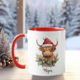 かわいいハイランド牛ふくらはぎクリスマスサンタ格子帽子 マグカップ