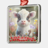 かわいいハイランド牛ふくらはぎクリスマスパーソナライズされたの名前 メタルオーナメント (左)