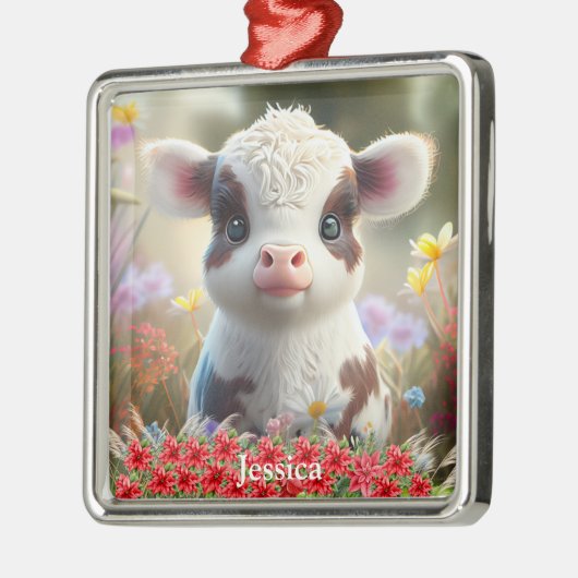 かわいいハイランド牛ふくらはぎクリスマスパーソナライズされたの名前 メタルオーナメント (左)