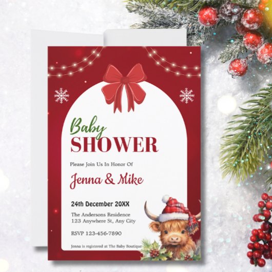 かわいいハイランド牛ふくらはぎクリスマスベビーシャワー 招待状