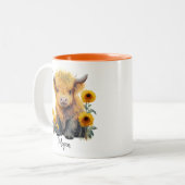 かわいいハイランド牛ふくらはぎヒマワリパーソナライズされた ツートーンマグカップ (正面左)