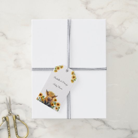 かわいいハイランド牛ふくらはぎヒマワリ赤ちゃんシャワー ギフトタグ (より糸付き)