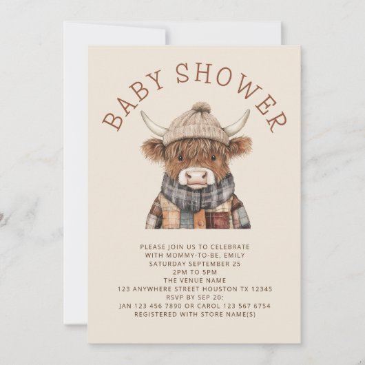 かわいいハイランド牛クリーム赤ちゃんシャワー 招待状 (正面)