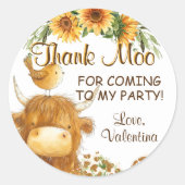 かわいいハイランド牛プリント鳥ひまわり感謝していのモー花 ラウンドシール (正面)