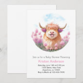 かわいいハイランド牛 編集可能なピンクの女の子ベイビーシャワー 招待状 (正面/裏面)