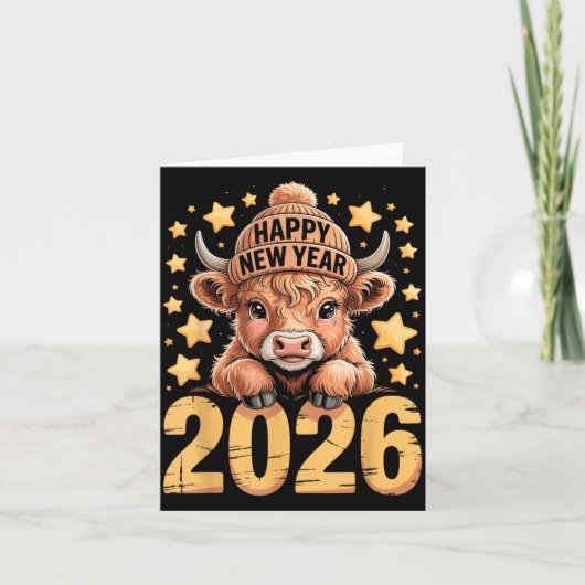 かわいいハイランド牛 2026年あけましておめでとうTシャツ 面白い カード (正面)