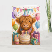 かわいいハイランド種の牛の誕生日パーティー カード (正面)
