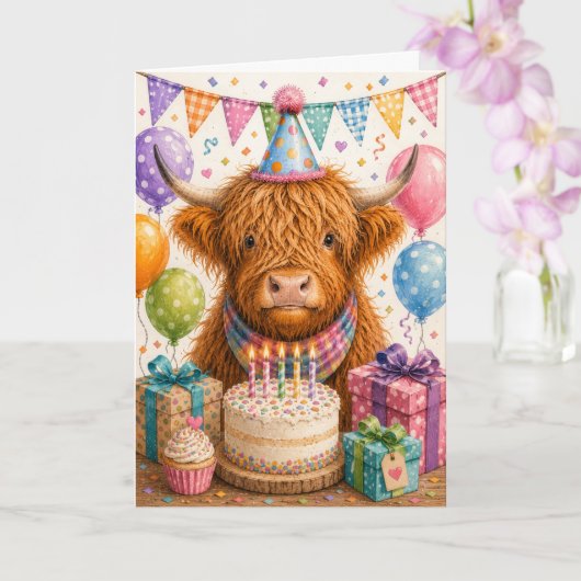 かわいいハイランド種の牛の誕生日パーティー カード (蘭)