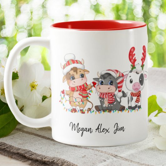 かわいいハイランド3牛ふくらはぎクリスマスサンタハット ツートーンマグカップ