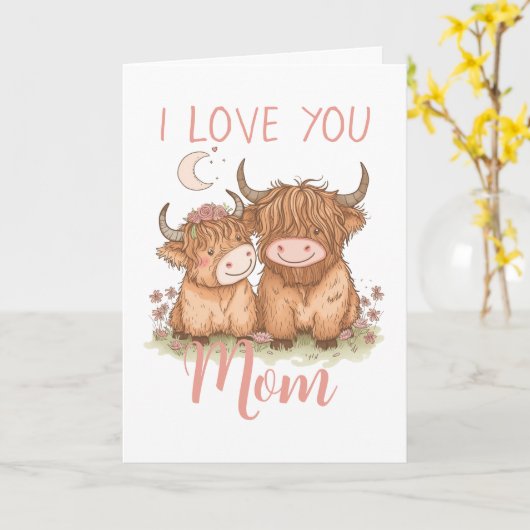 かわいいハイランド・カウとママ 愛してるよ 母の日 カード (黄色い花)