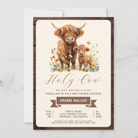 かわいいハイランド・カウと黄色の野の花のベイビーシャワー 招待状 (正面)