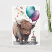 かわいいハイランド・カウの水彩誕生日風船 カード (正面)