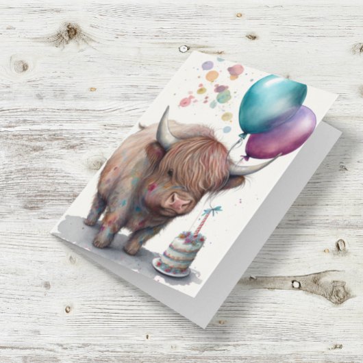 かわいいハイランド・カウの水彩誕生日風船 カード