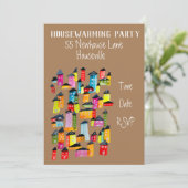 かわいいハウスウォーターカラーイラストレーション引っ越し祝いパーティー 招待状 (スタンド正面)