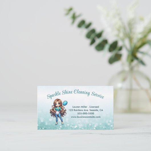 かわいいハウスクリーニングのメイドサービス輝き 名刺 (スタンド正面)