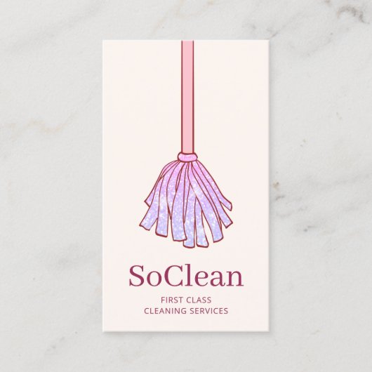 かわいいハウスクリーニングメイドサービスピンクグリッターモップ 名刺 (正面)
