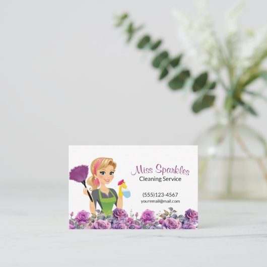 かわいいハウスクリーニング紫のフローラメイドサービス 名刺 (スタンド正面)