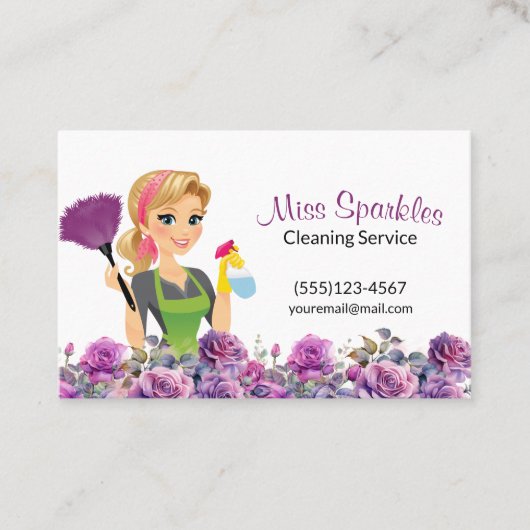 かわいいハウスクリーニング紫のフローラメイドサービス 名刺 (正面)